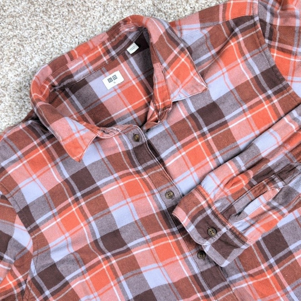 UNIQLO‎ Flannel Plaid Long Sleeve Button Up Shirt Men's XL Orange Brown Blue